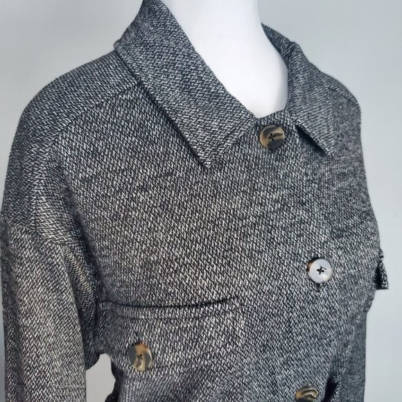 Tweed Style Fall Jacket Button Down Belted Heathered Grey Knit Pockets Cuffs - Picture 6 of 11